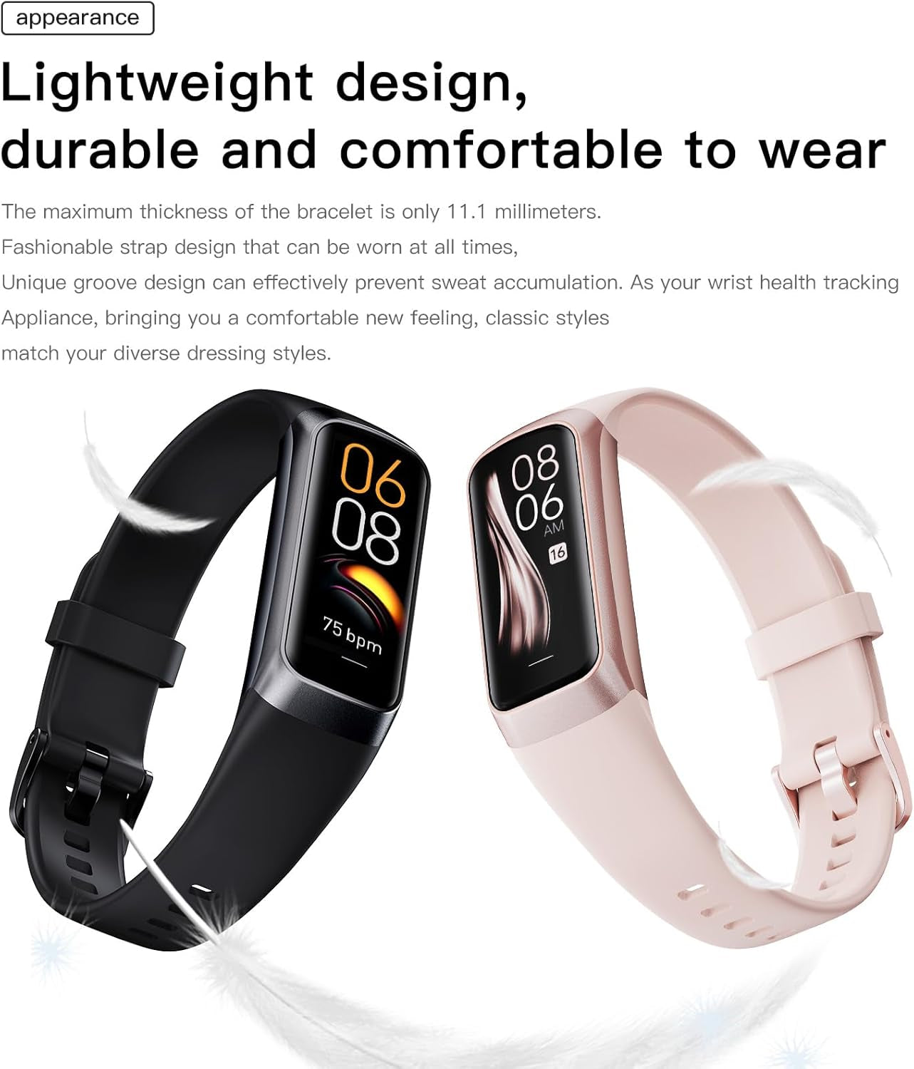 Amoled Health & Fitness Tracker for Men & Women - IP68 Waterproof with Blood Pressure Monitor, Step Counter, and Calorie Burn Tracking for Android & iOS