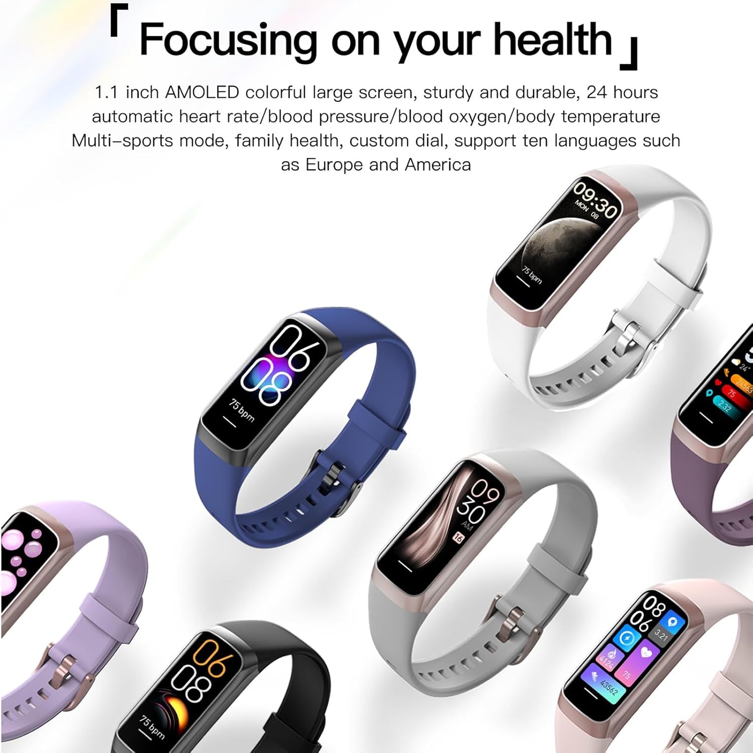 Amoled Health & Fitness Tracker for Men & Women - IP68 Waterproof with Blood Pressure Monitor, Step Counter, and Calorie Burn Tracking for Android & iOS